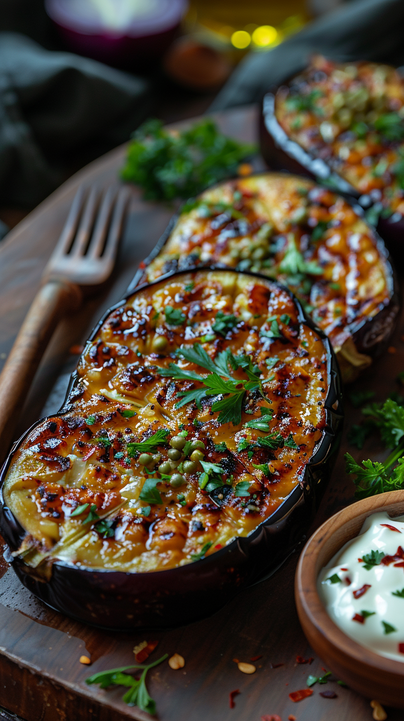 Baked eggplant slices on a wooden board with herbs and a side of yogurt sauce. stock photos for creators