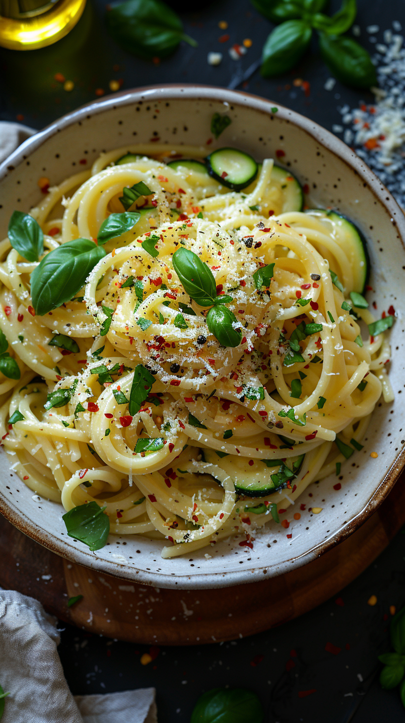 Spaghetti dish with herbs and spices on a speckled plate stock photos for creators
