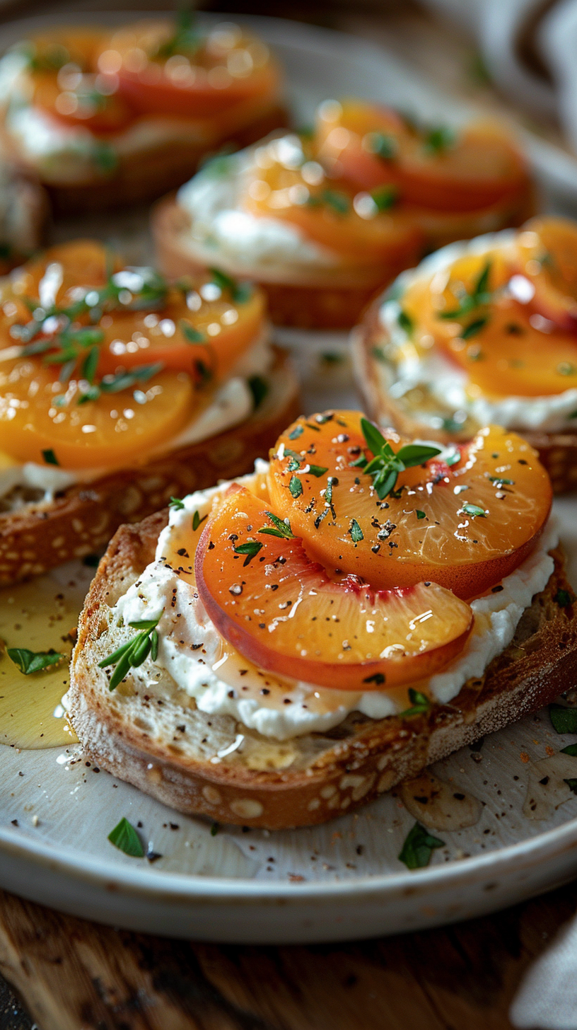 Crostini with ricotta and sliced peaches on a plate stock photos for creators