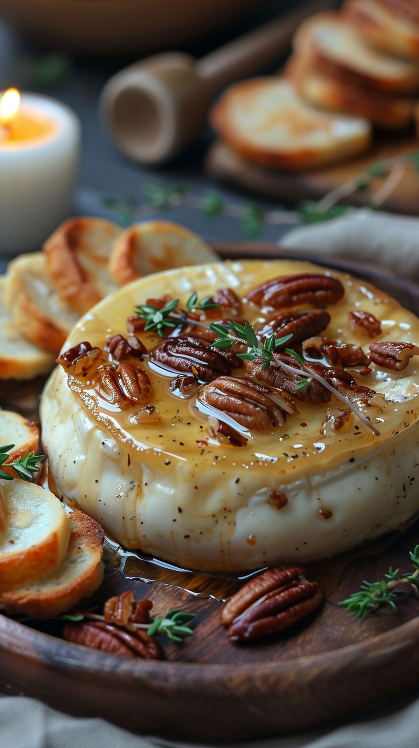 Baked brie with pecans and honey on a wooden board with bread slices in the background.