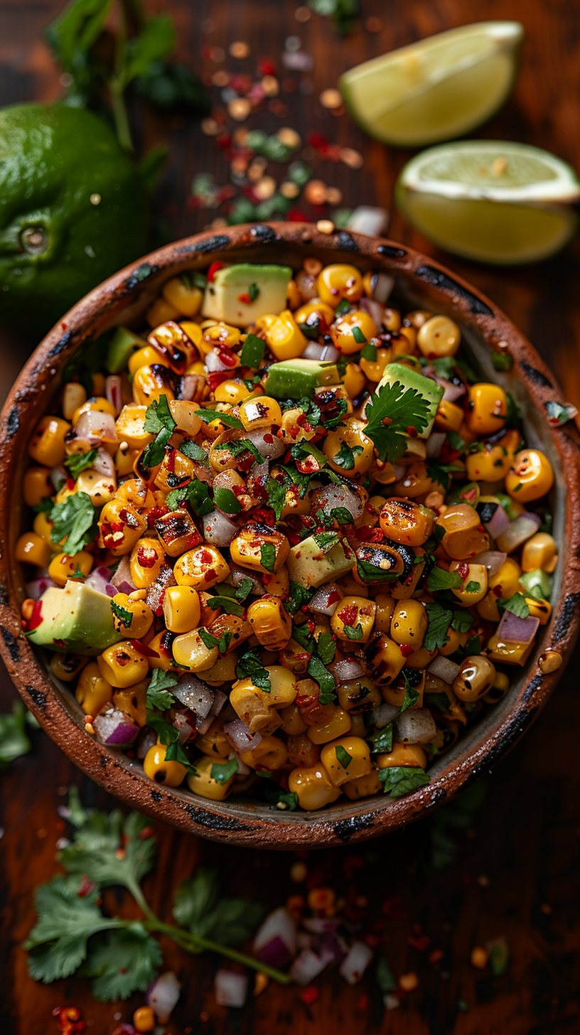 Corn salad with herbs and lime wedges on a wooden surface, stock photo for creators