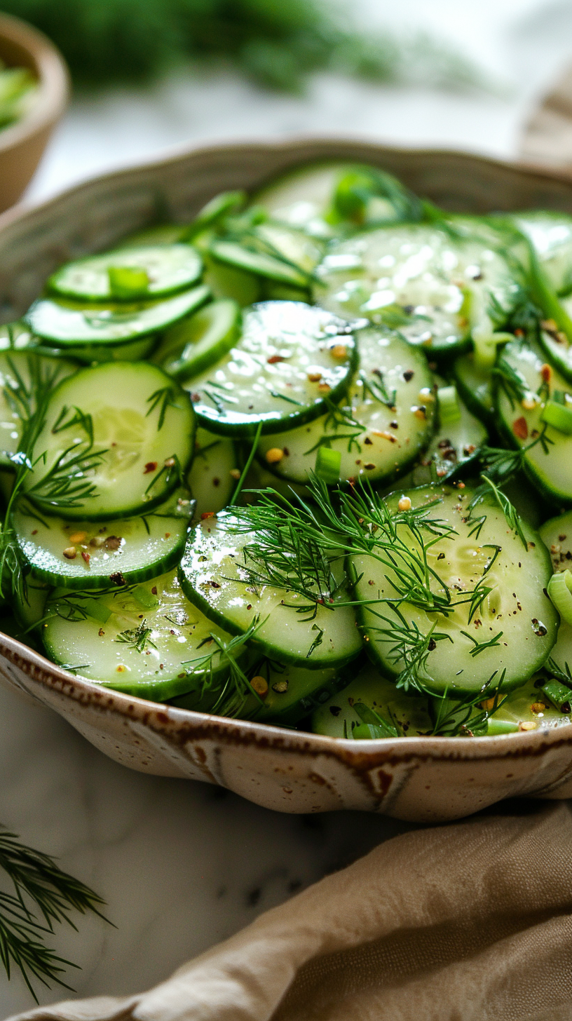 Cucumber salad with dill in a ceramic bowl on a marble surface stock photos