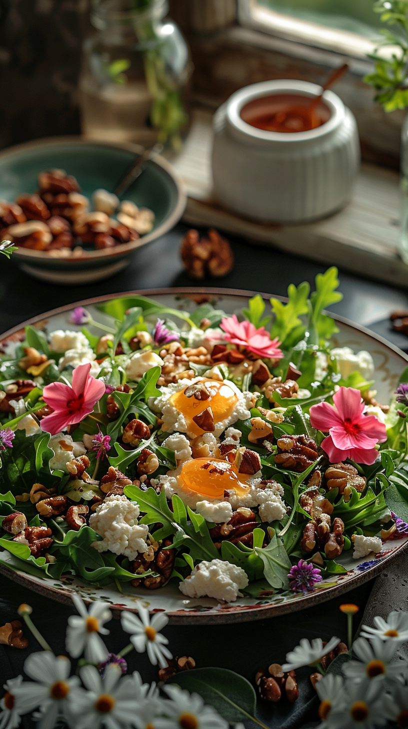 Colorful salad with flowers and nuts on a plate, set on a table with a bowl of nuts and a window in the background. stock photos fro creators
