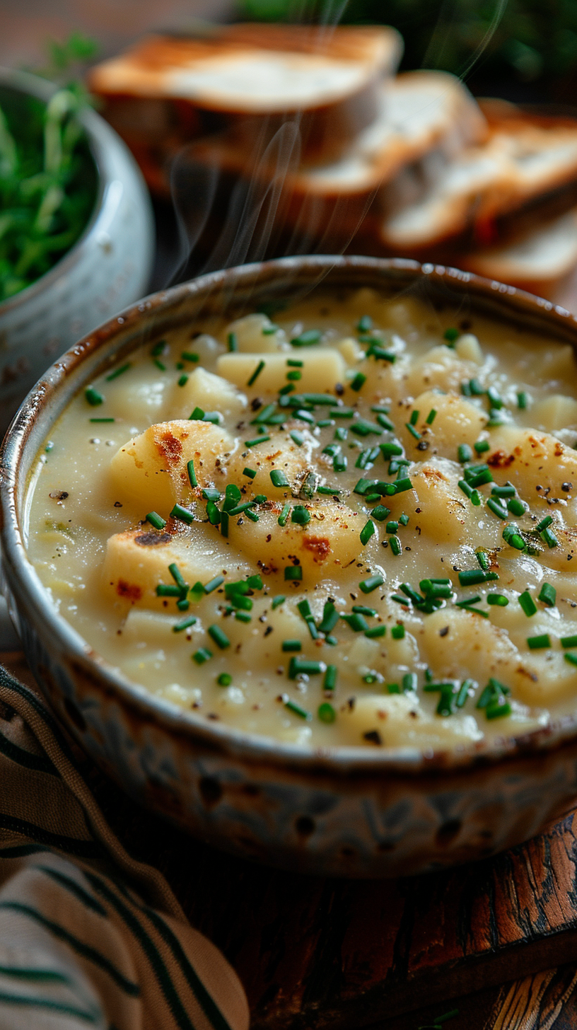 Bowl of creamy potato soup with chives, served with bread. stock photos for creators