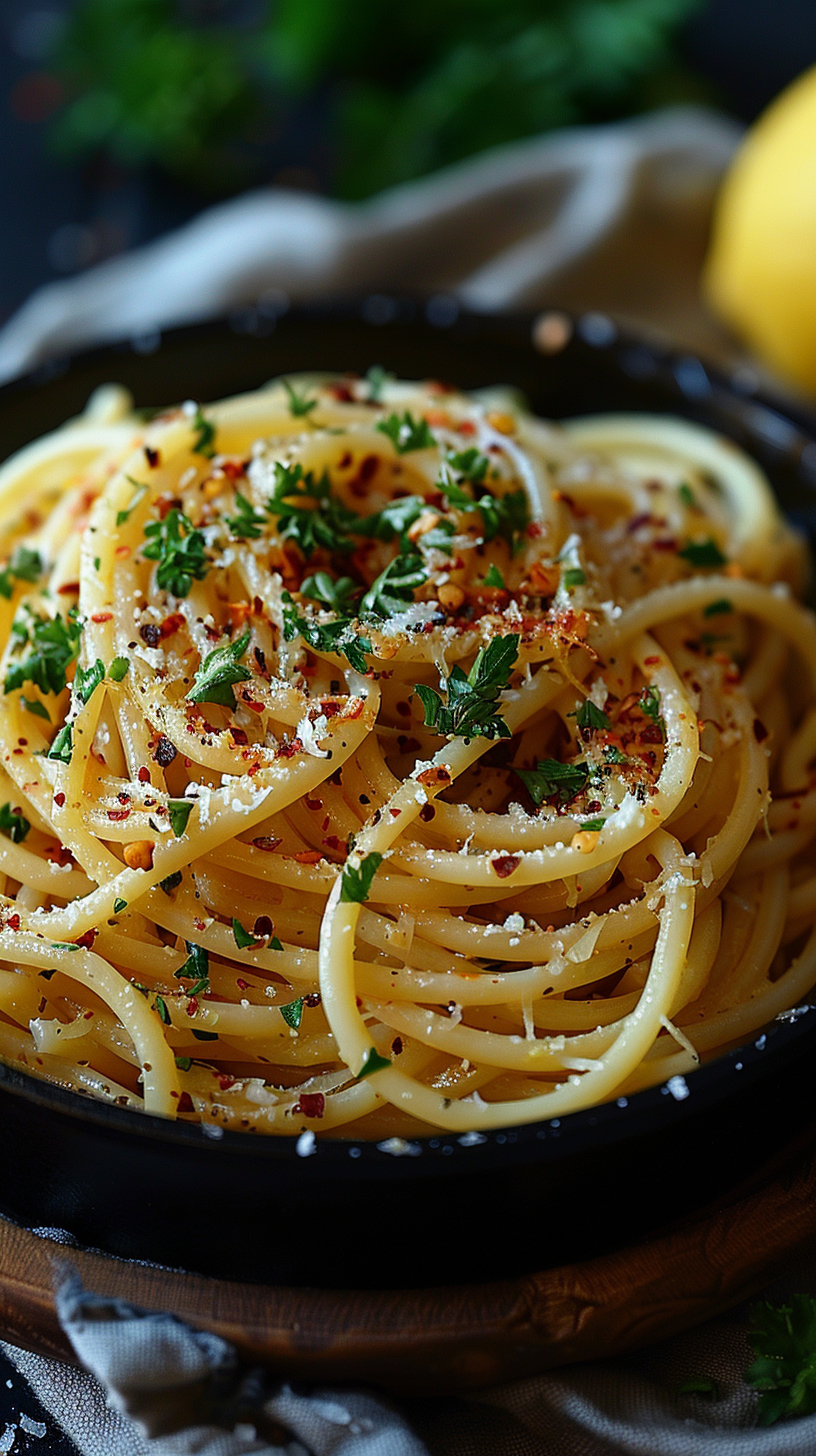 Lemon garlic Spaghetti dish with herbs and parmesan cheese in a dark bowl. stock photos fro creators