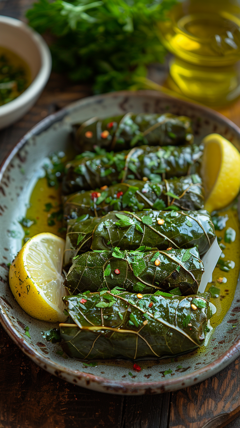 Stuffed grape leaves on a plate with lemon wedges and olive oil in the background stock photos