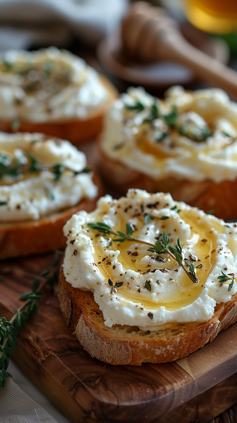 Whipped ricotta crostini with herbs on a wooden board stock photos for creators
