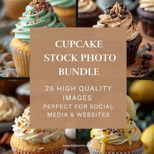 Promotional image for a cupcake stock photo bundle with various cupcakes on a brown background.