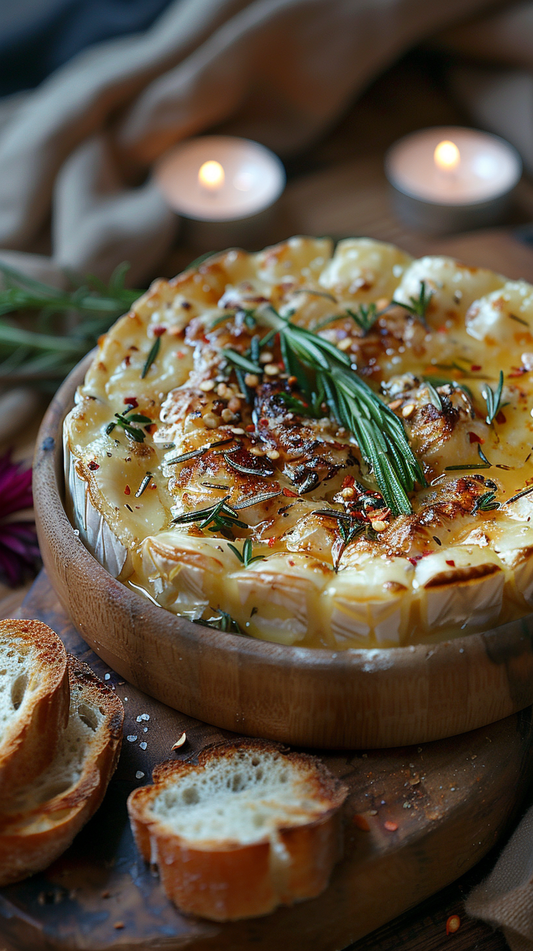 Baked camembert with herbs on a wooden board with bread slices, candles in the background, stock photo for creators