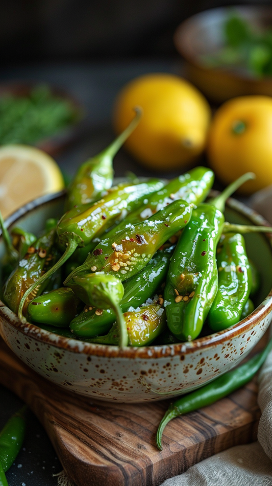Bowl of green shishito peppers with lemons on a wooden board
