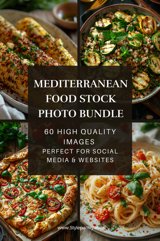 Collage of Mediterranean food images with text overlay for a stock photo bundle.