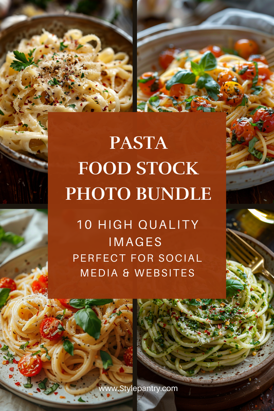 Collage of pasta dishes with a text overlay for a pasta food stock photo bundle.