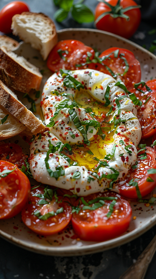 Platter of burrata with tomatoes and bread on a dark surface stock photos for creators