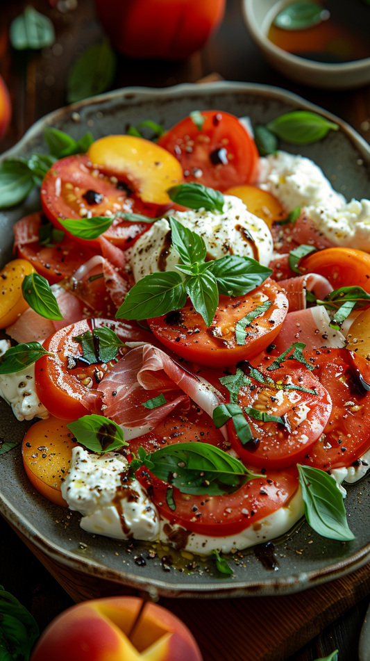 Caprese salad with tomatoes, mozzarella, and basil on a plate stock photos