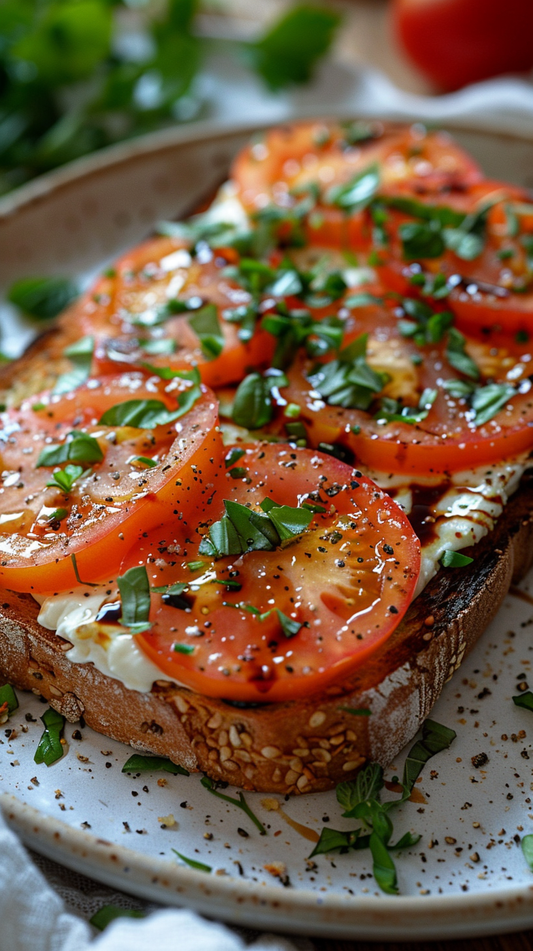 Tomato caprese on a plate with fresh herbs stock photo for creators