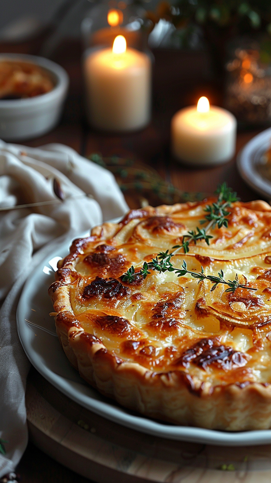 Caramelised onion tart with herbs on a plate with candles in the background