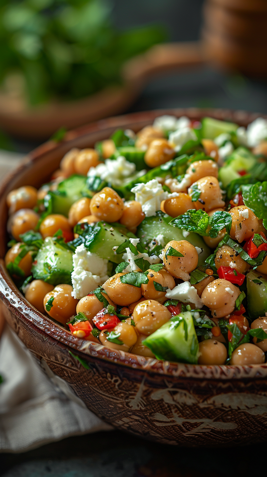 Chickpea salad with cucumbers, tomatoes, and feta cheese in a wooden bowl. Stock photo for creators