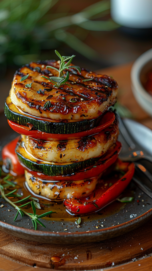 Stack of grilled vegetables with halloumi on a plate, garnished with herbs.