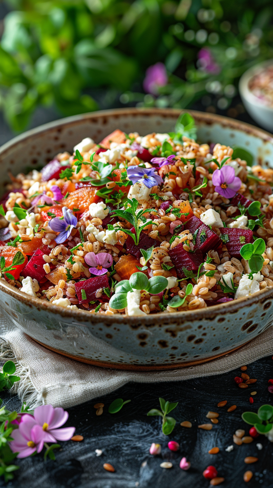 Rustic farro salad with roasted beets stock photo