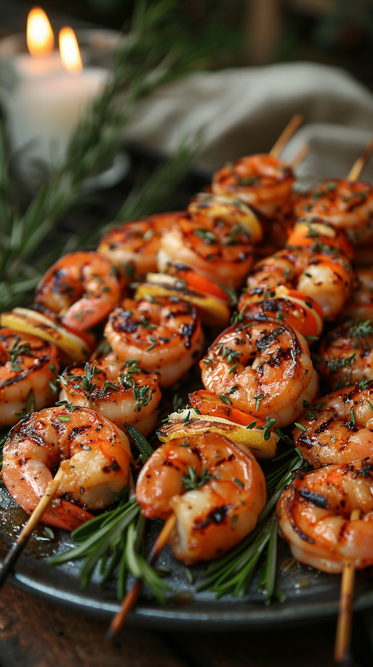 Grilled shrimp skewers on a plate with herbs bbq stock photos for creators