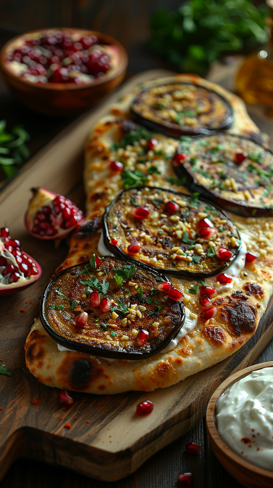 Eggplant dish on a wooden board with pomegranate seeds and herbs stock photos for creators