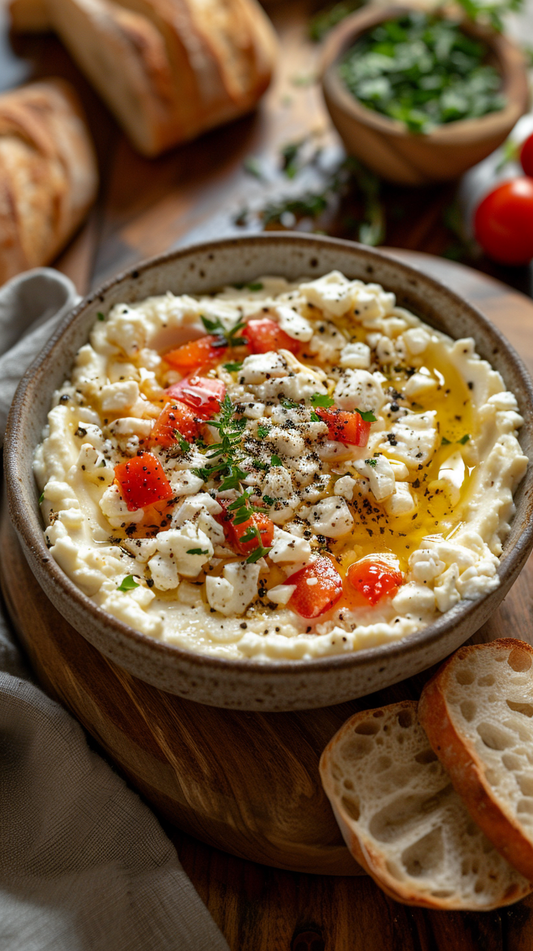 Bowl of creamy dip with tomatoes and herbs, surrounded by bread slices on a wooden board. stock photo for creators
