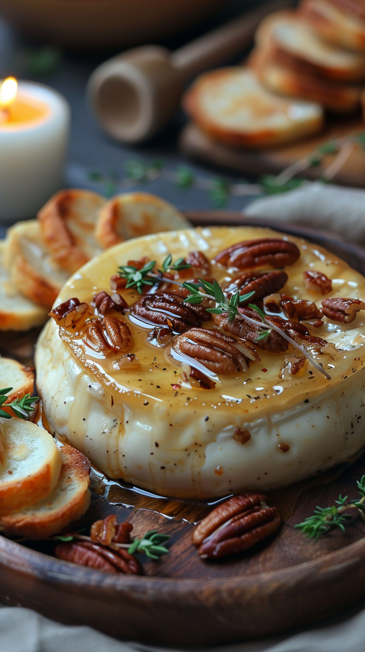 Baked brie with pecans and honey on a wooden board with bread slices in the background.