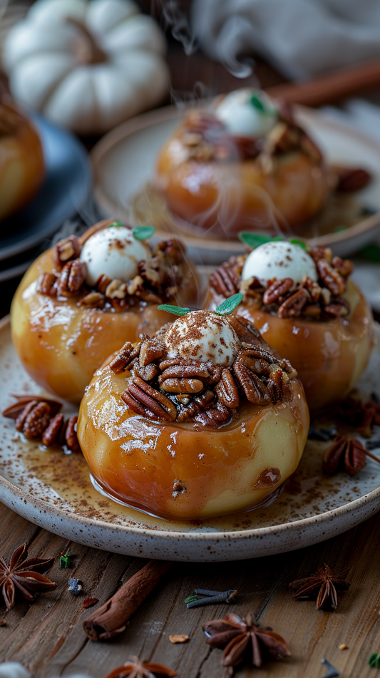 Baked apples with caramel sauce, whipped cream, and pecans on a rustic wooden table. stock photos for creators