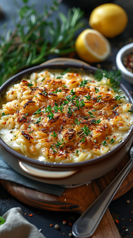 Baked orzo pasta with lemon and feta stock photos