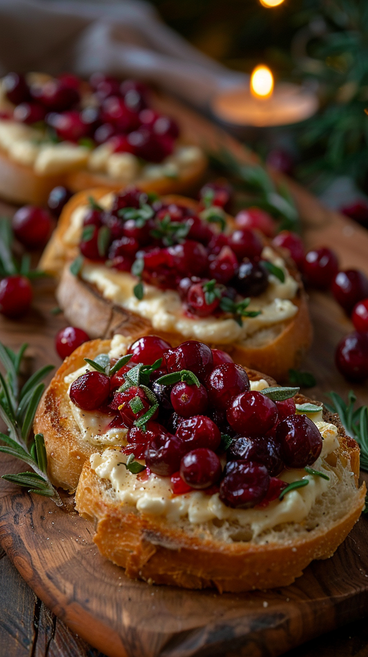 Bruschetta with cranberries and herbs on a wooden board with a blurred background stockphotos for creators