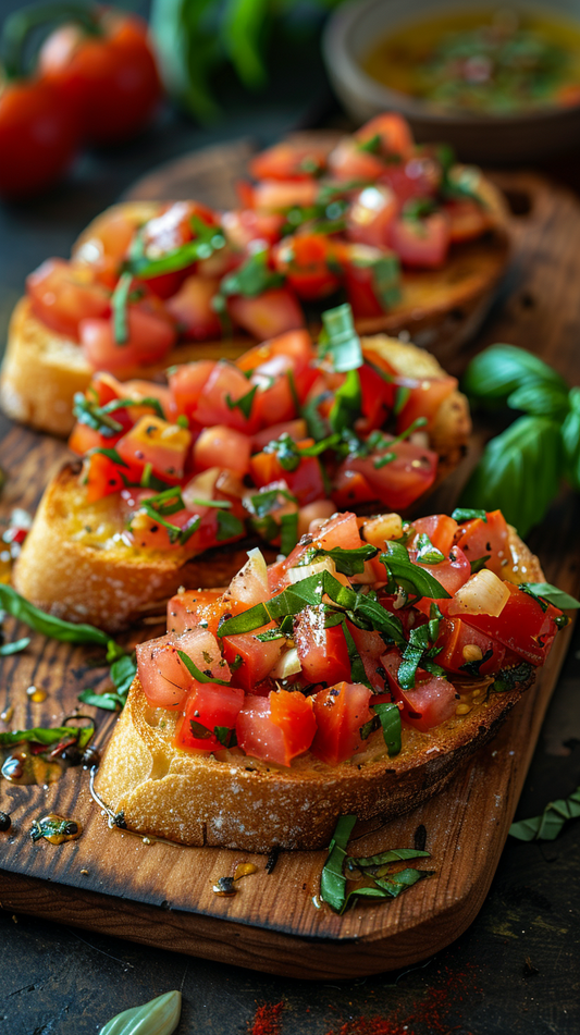 Bruschetta with tomatoes and basil on a wooden board