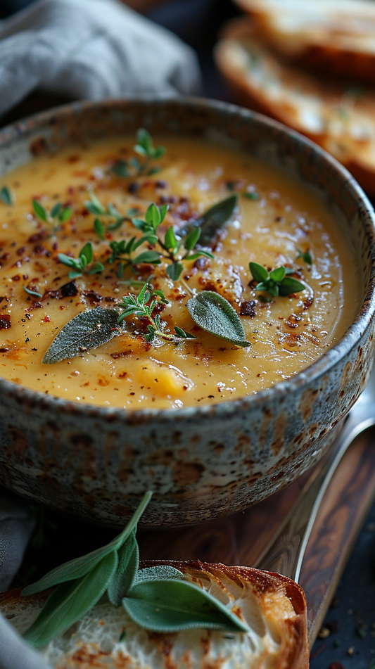 Bowl of creamy soup with herbs on a wooden surface stock photos for creators