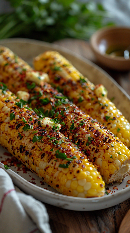 Grilled corn on the cob with herbs on a plate, set against a rustic background. stock photos food