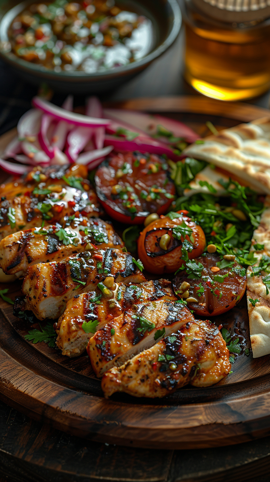 Grilled chicken with vegetables on a wooden plate, accompanied by a bowl of salad stock photos for creators
