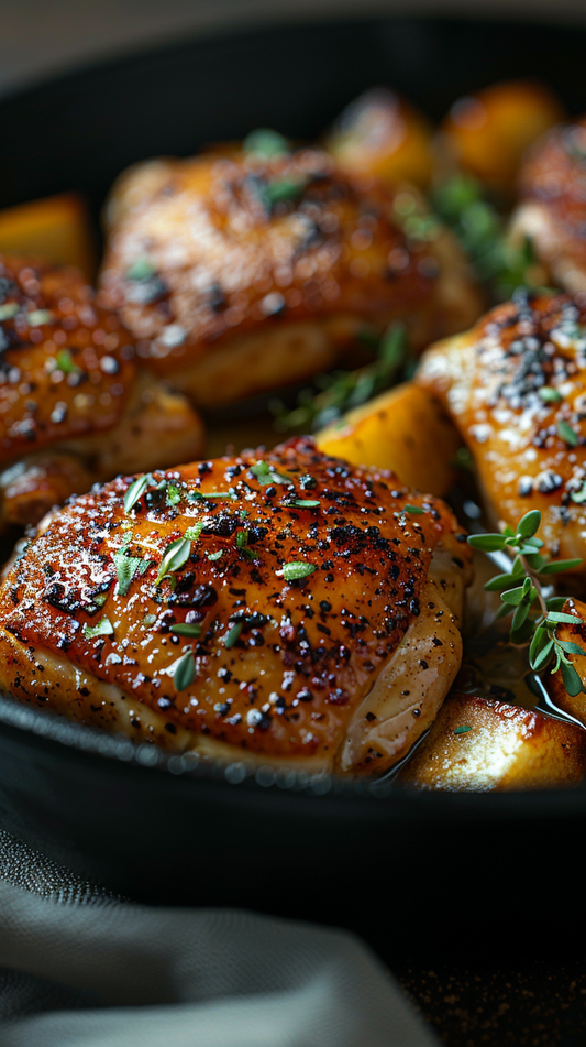 baked chicken thighs in cast iron pan stock photos for creators