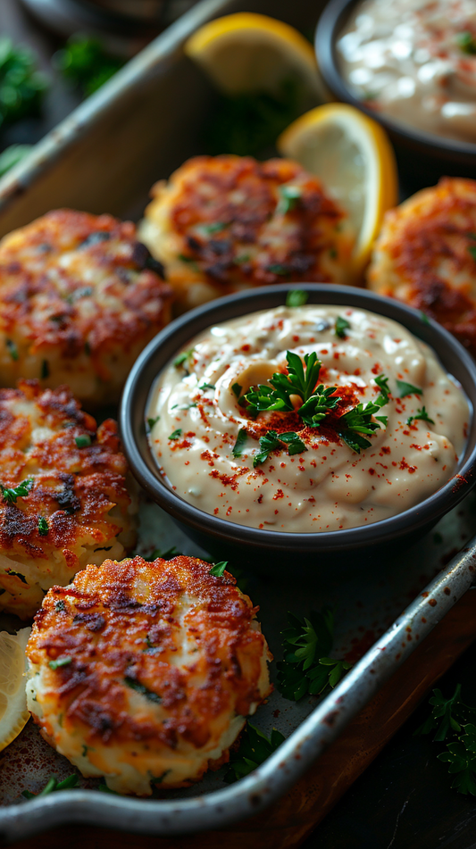 chickpea fritters with a side of creamy dip on a baking sheet. stock photo for creators