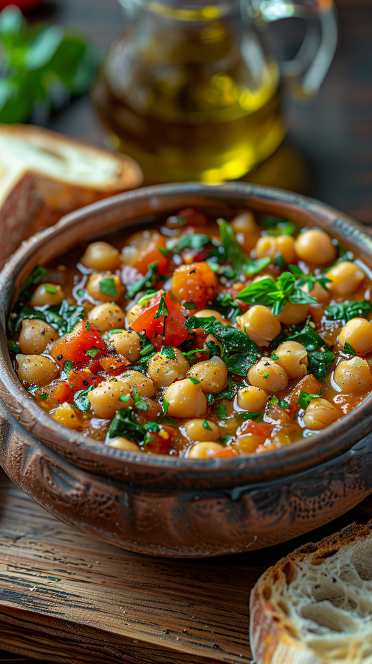 Chickpea stew in a wooden bowl with bread and oil in the background stock photos