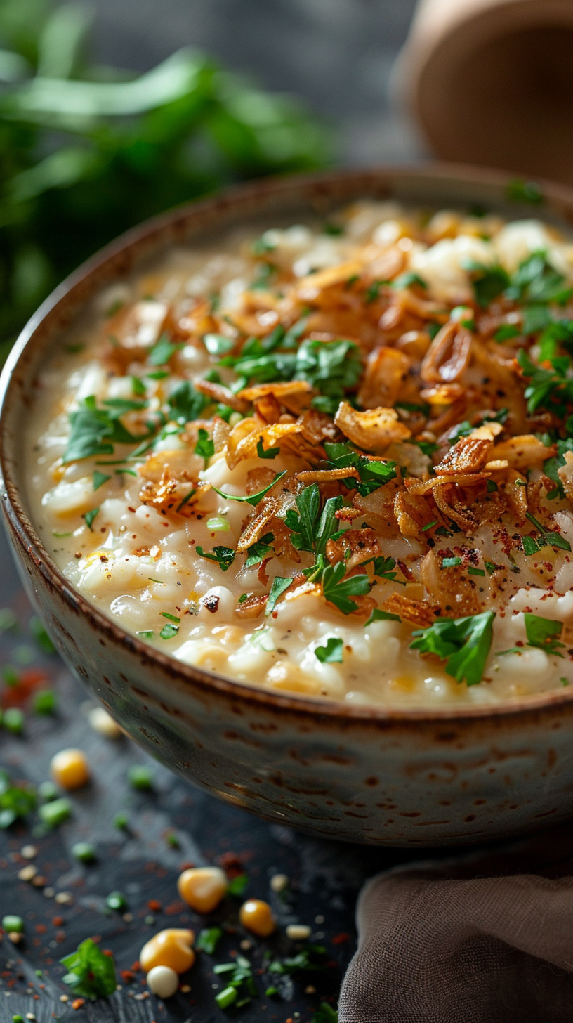 Bowl of corn risotto dish with herbs and croutons on a dark surface