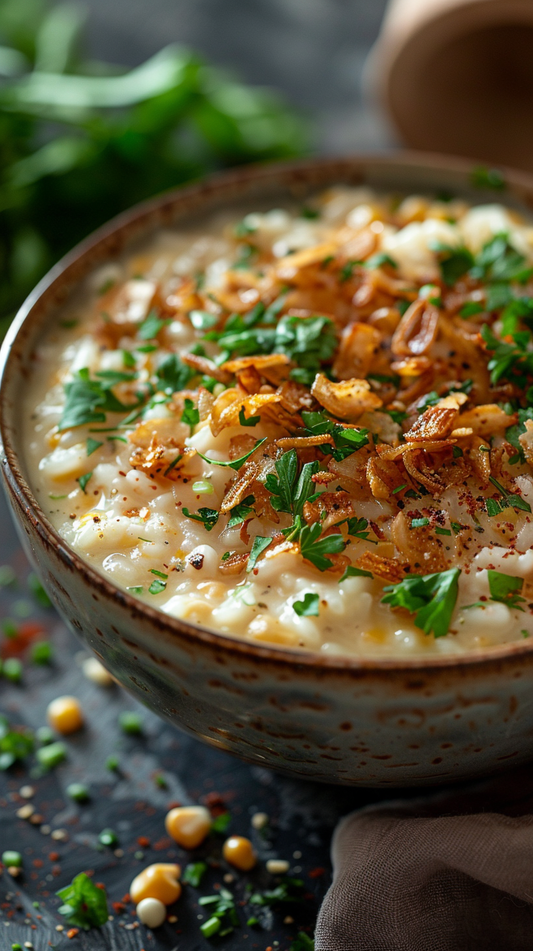Bowl of corn risotto dish with herbs and croutons on a dark surface