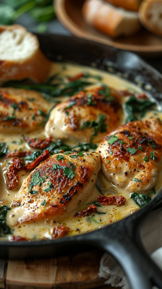 Chicken breast with creamy sauce and sun-dried tomatoes in a skillet stock photos for creators