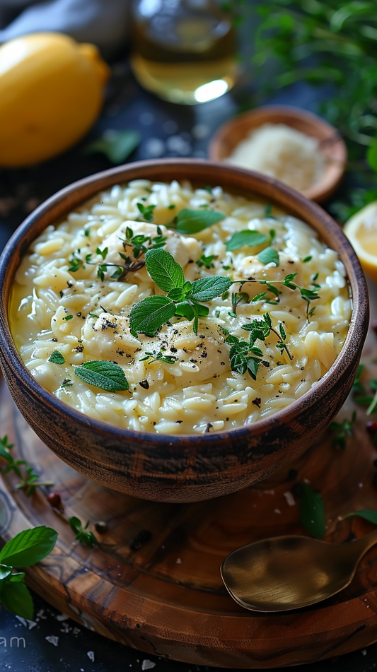 Wooden bowl of creamy risotto with herbs on a rustic wooden surface. stock photos for creaotrs