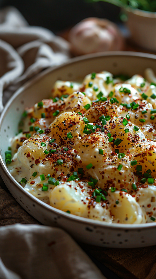 Bowl of creamy potato salad with green herbs and red pepper flakes on a wooden surface. stock photo for creators