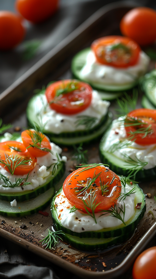 Cucumber slices topped with whipped feta and tomatoes stock photo for creators