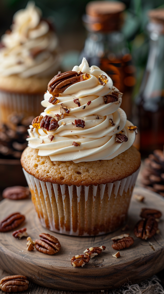 Maple buttercream cupcake with  pecans stock photos for creators