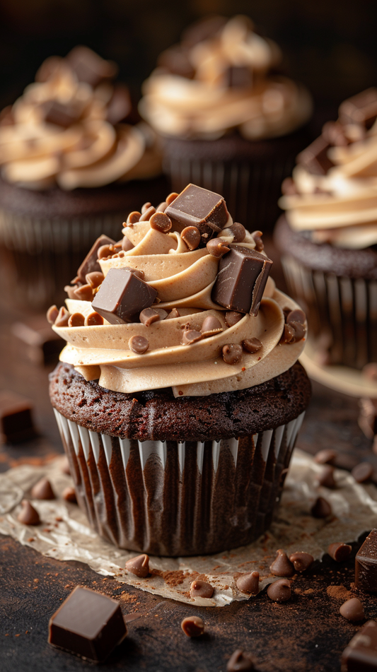 Chocolate cupcake with peanut butter frosting and chocolate chunks on a dark background stock photos for creators