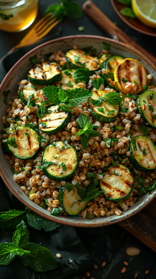 Bowl of farro salad with zucchini on a dark surface stock photos for creators