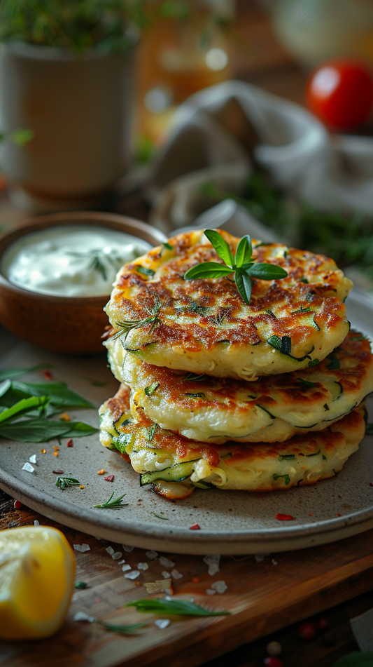 Zucchini fritters with dip stock photos