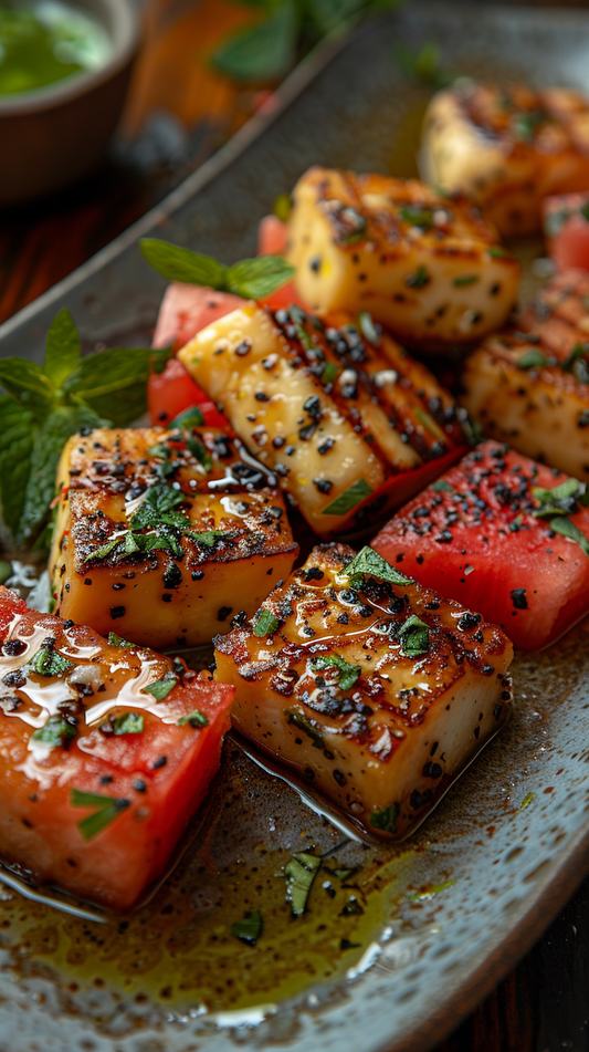 Plated dish of grilled items with watermelon, garnished with herbs on a wooden surface. stock photos for creators