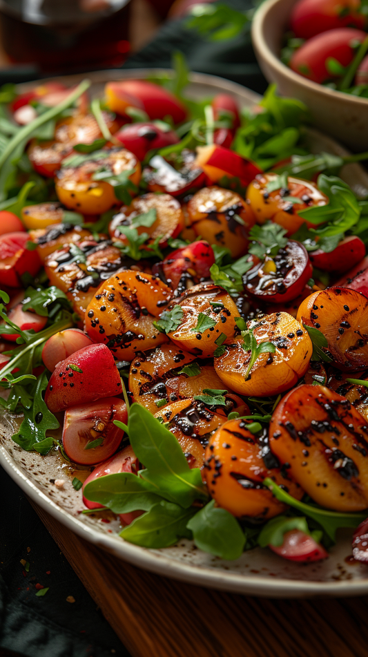 Salad with sliced peaches, tomatoes, and greens on a plate stock photos for creators