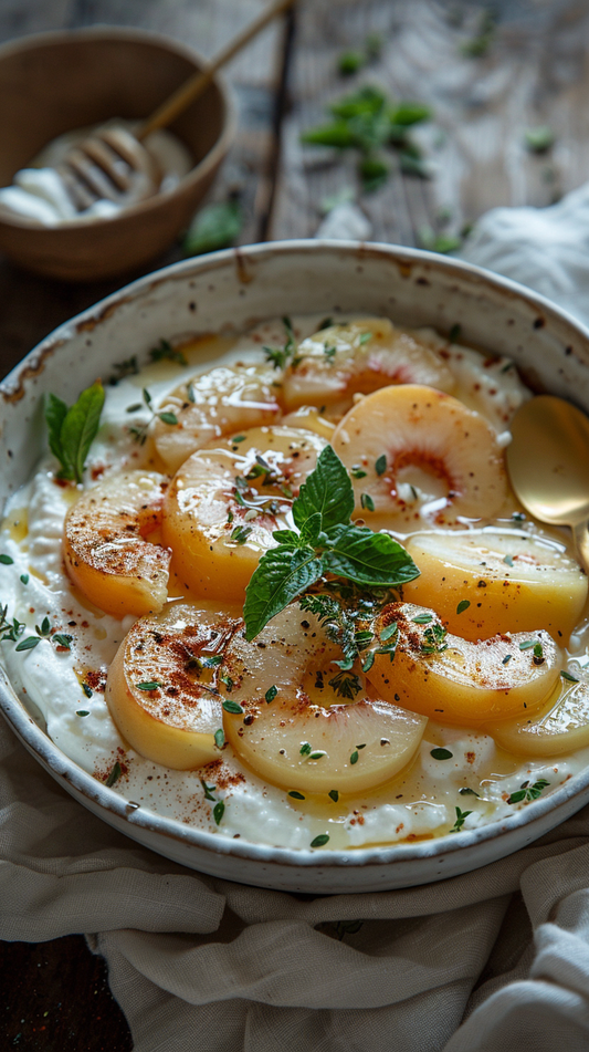 Dish of sliced peaches with cream and herbs on a wooden table stock photos for creators